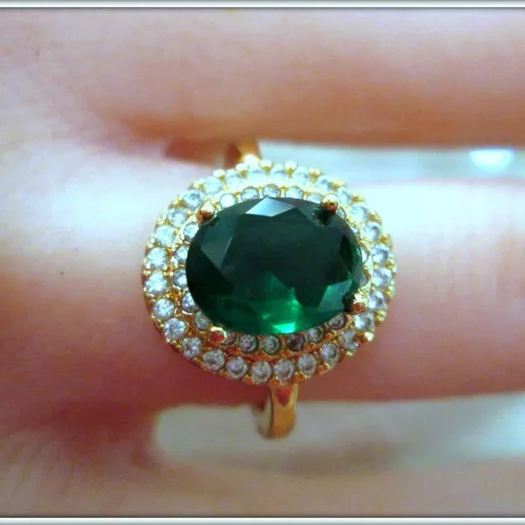 Emerald Ring Green Oval Cut Gem Engagement Halo Ring Moissanite Round size 9